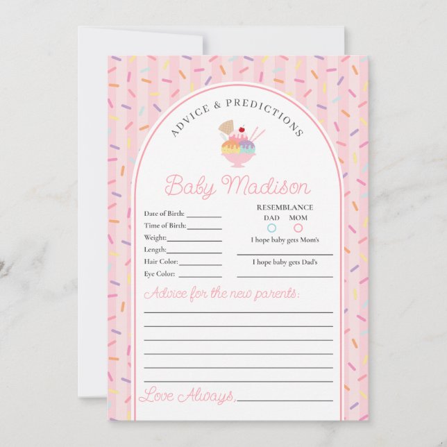 Convites Sorvete Sundae Sprinkled Advice for Baby Card (Frente)