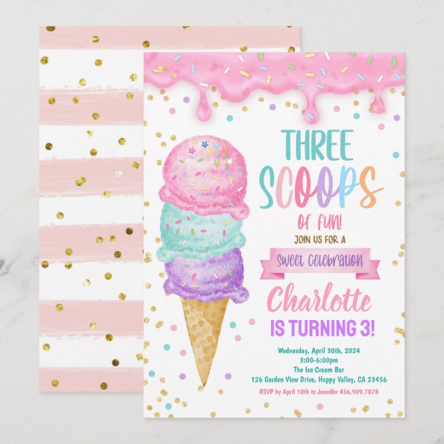 Convites Sorvete Três Escopos do Festa Diversão aniversário (Frente/Verso)