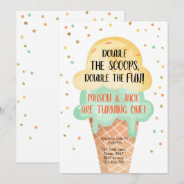 Convites Sorvete Twin Aniversário Amarelo Cone Confetti