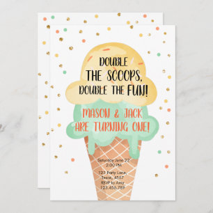Convites Sorvete Twin Aniversário Amarelo Cone Confetti