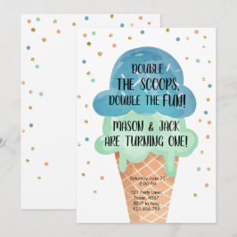 Convites Sorvete Twin Azul, Aniversário, Cone Confetti