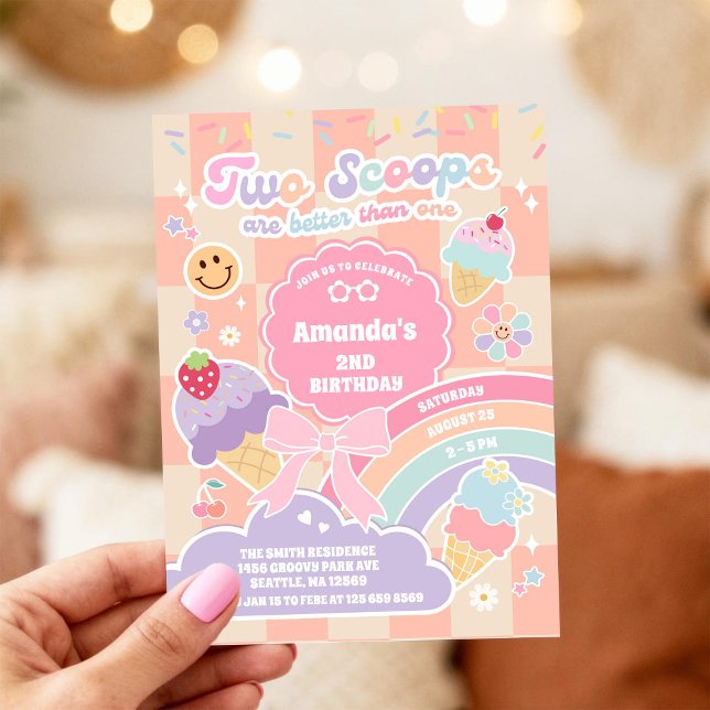 Convites Sorvete Two Scoop Groovy Daisy 2º Aniversário (Criador carregado)