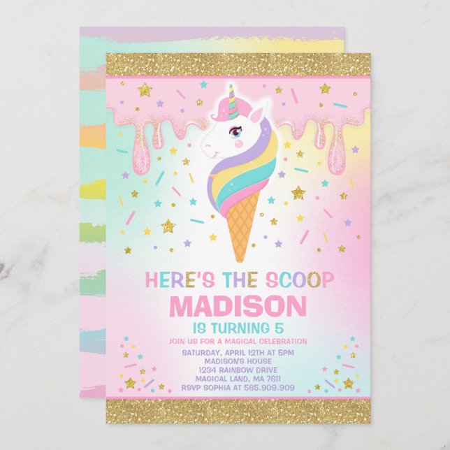 Convites Sorvete Unicorn Invitation Magic Sorvete Party (Frente/Verso)