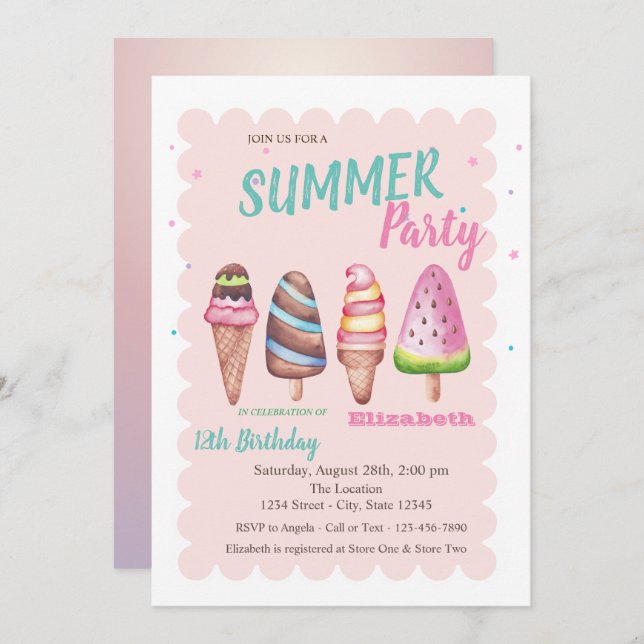 Convites Sorvetes de Aquarela Chic Festa de aniversário de  (Frente/Verso)