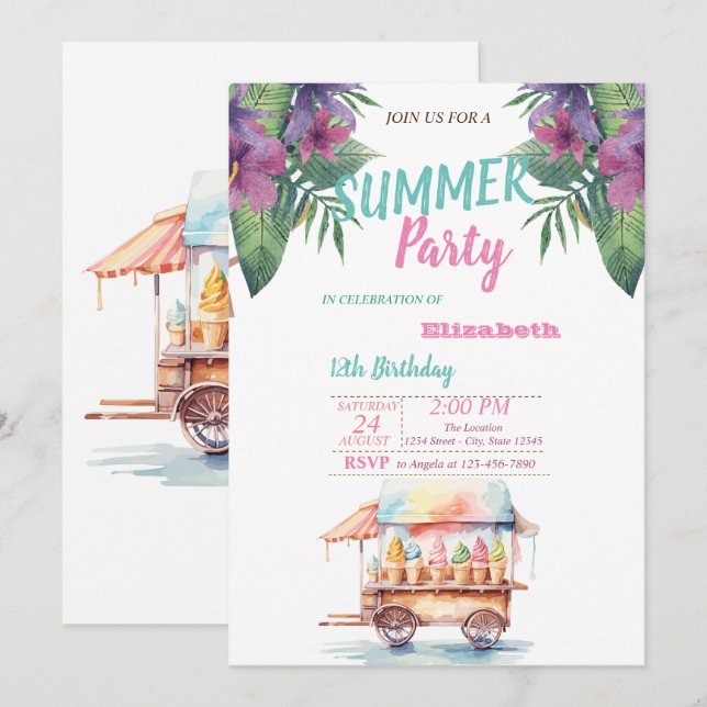 Convites Sorvetes de Flores de Folha de Palme Festa de Aniv (Frente/Verso)
