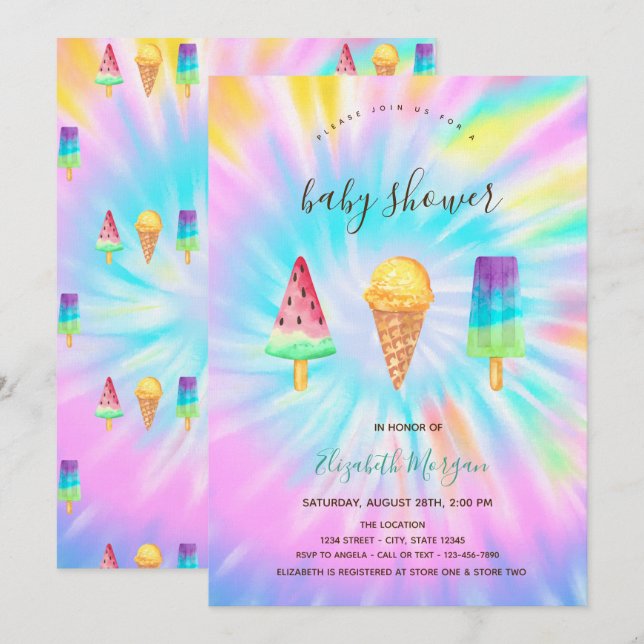 Convites Sorvetes Verão Tie Dye Chá de Bebê (Frente/Verso)
