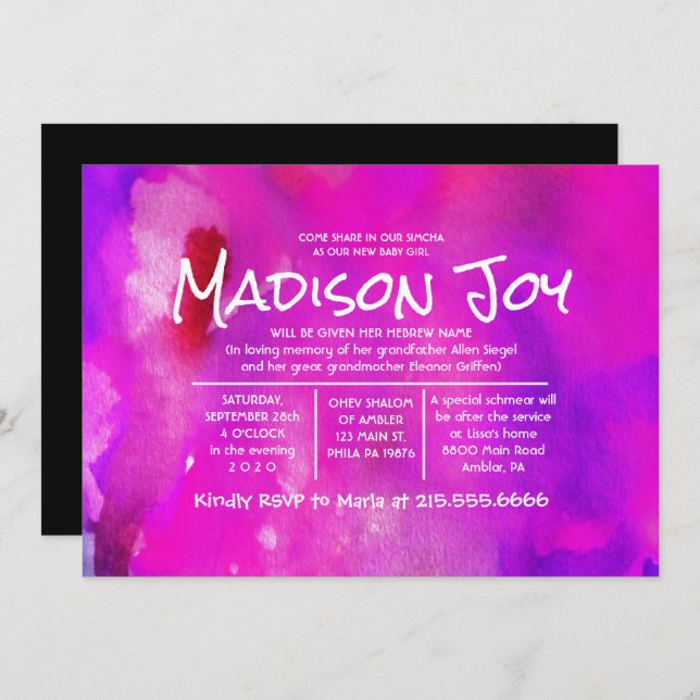 Convites Sou FUSHIA WATERCOLOR Jewish Baby Naming (Frente/Verso)