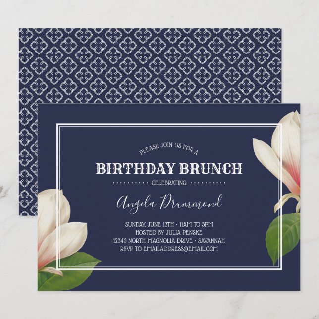 Convites Southern Magnolia Birthday Brunch Blue (Frente/Verso)