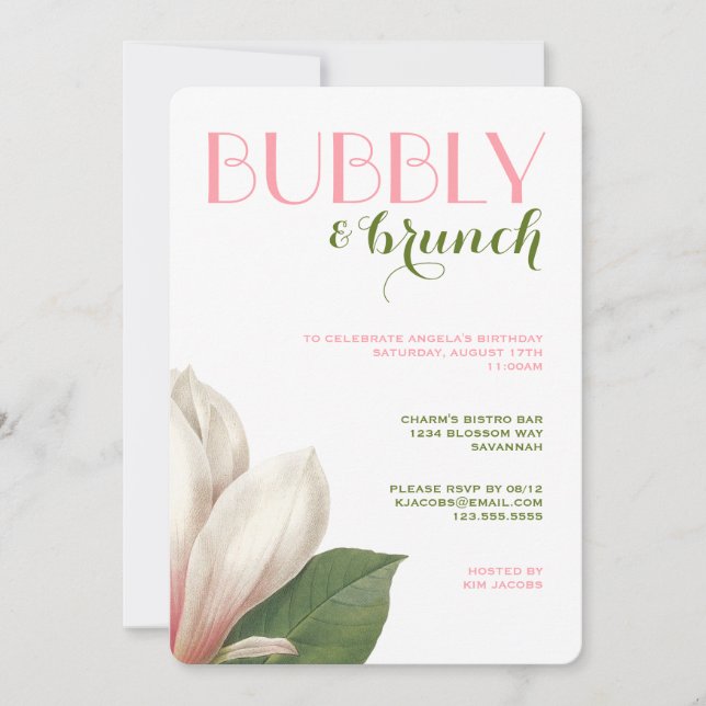 Convites Southern Magnolia Bubble Brunch | Verde rosa branc (Frente)