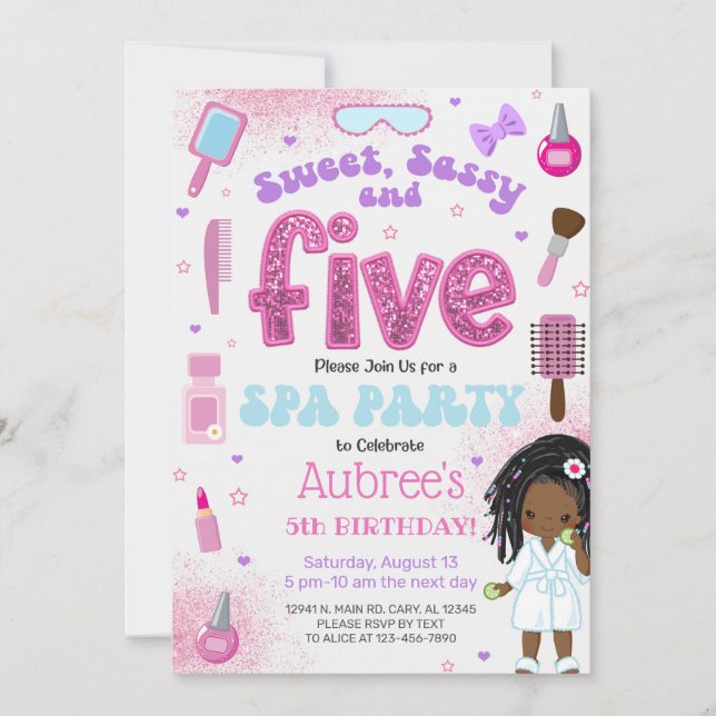 Convites SPA, girl 5th birthday party invite, 5 year old. (Frente)