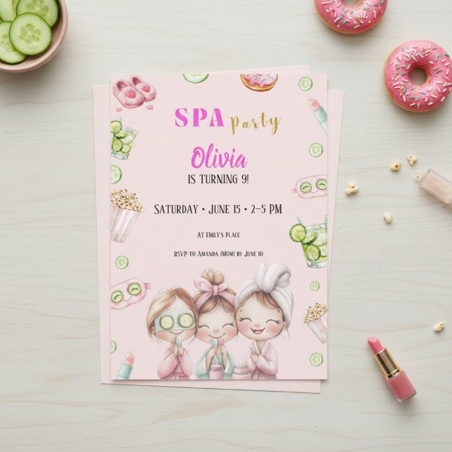 Convites Spa Party Invitation Girls Pamper Birthday (Girls spa party invitation with pink pamper theme and watercolor beauty design)