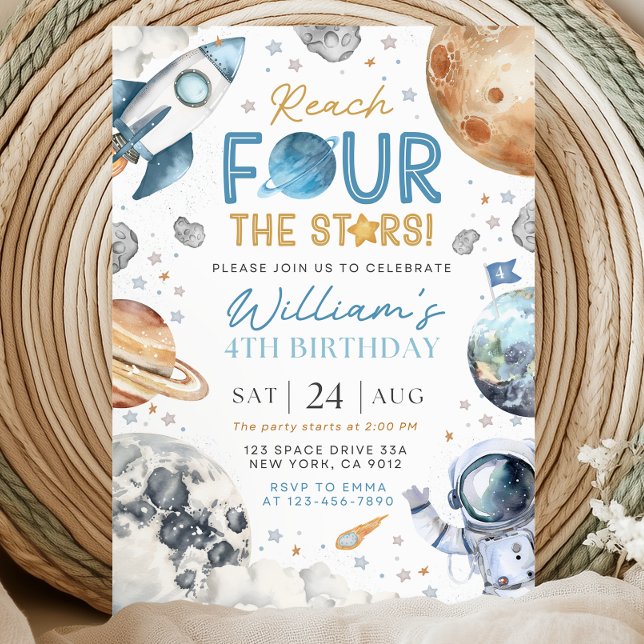 Convites Space 4th Birthday Inviation, Rech Four The Stars (Criador carregado)