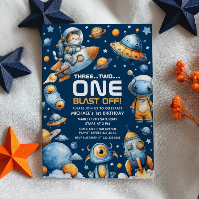Convites Space Astronaut Cat Blast Off Cosmic 1st Birthday (Criador carregado)