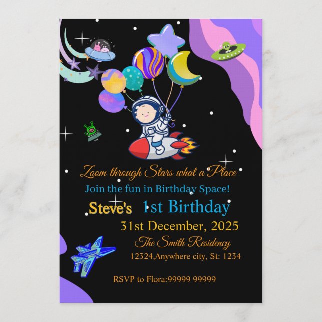 Convites Space Birthday Invitation Card | Any Kid's Age (Frente)