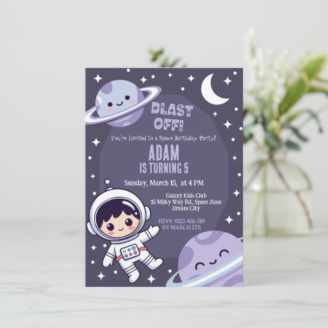 Convites Space Birthday Party Invitation | Galaxy Astronaut (Em pé/Frente)