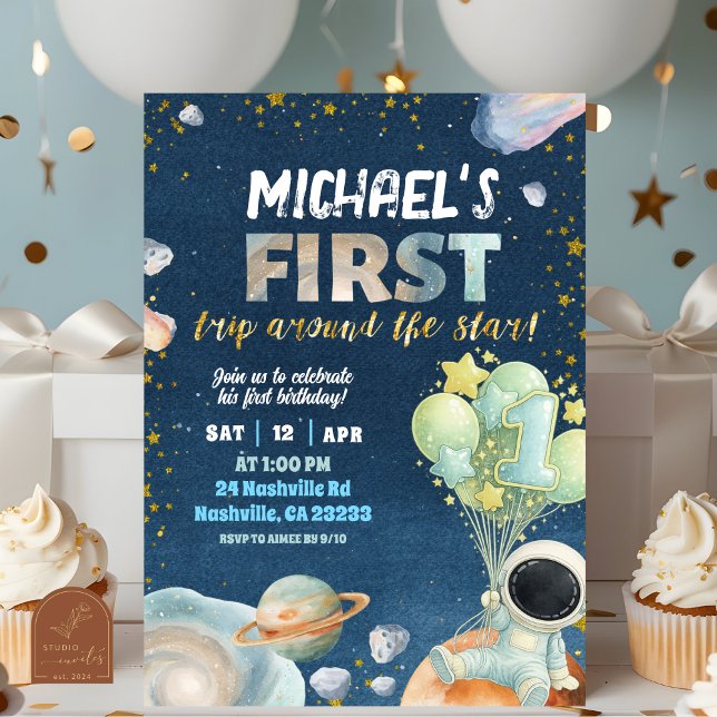 Convites Space Boy 1ST Trip around the sun Birthday Invitat (Criador carregado)