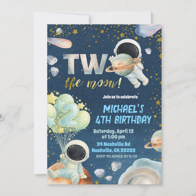 Convites Space Boy TWO the moon Birthday Invitation (Frente)