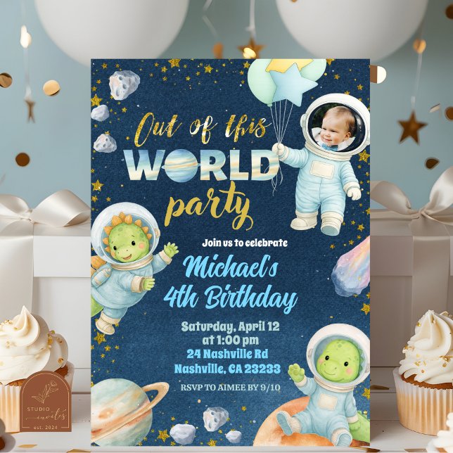 Convites Space Dinosaur Birthday Invitation with photo (Criador carregado)