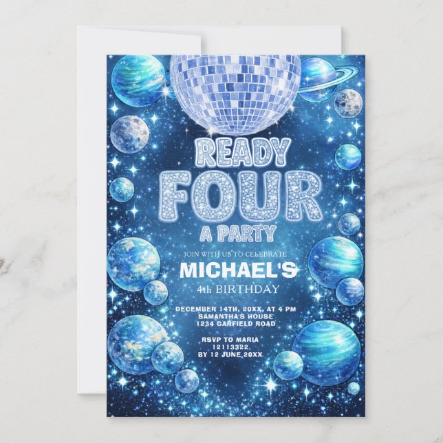 Convites Space Disco 4th Birthday READY FOUR A PARTY (Frente)