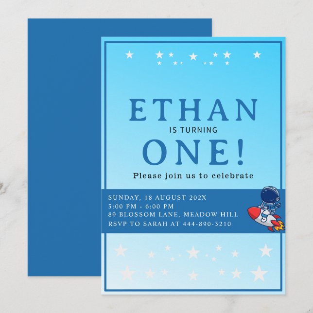 Convites Space First Birthday Invitation – Astronaut Party (Frente/Verso)