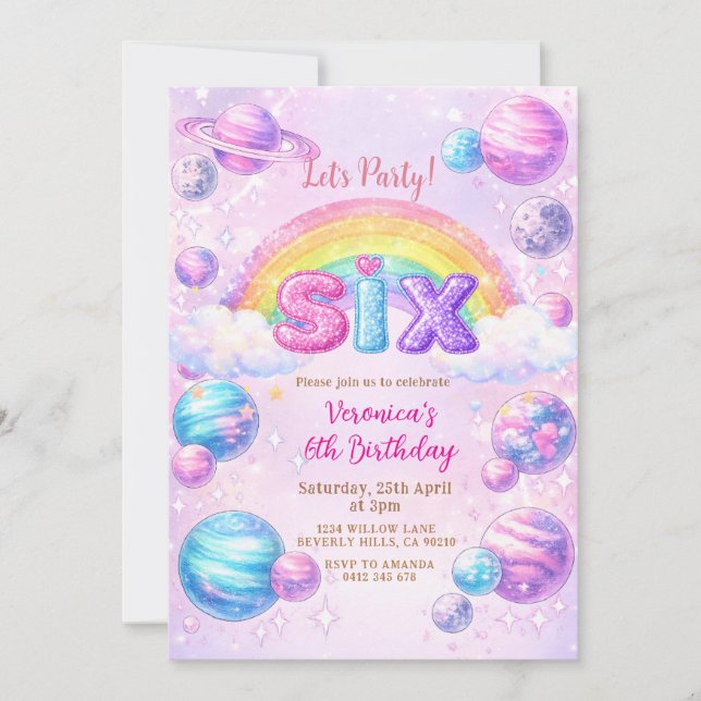 Convites Space Planet Rainbow Birthday Party  (Frente)