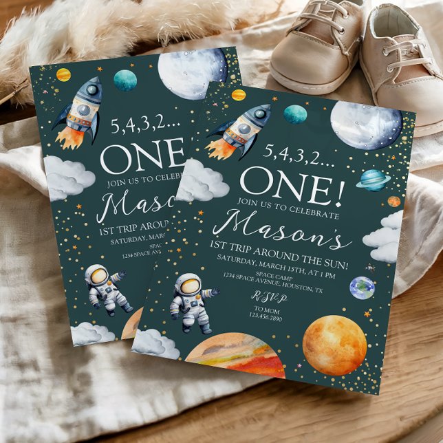 Convites Space Rocket 1st Trip Around the Sun Birthday (Criador carregado)