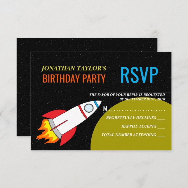 Convites Space Rocket para a RSVP de Aniversário da Criança (Frente/Verso)