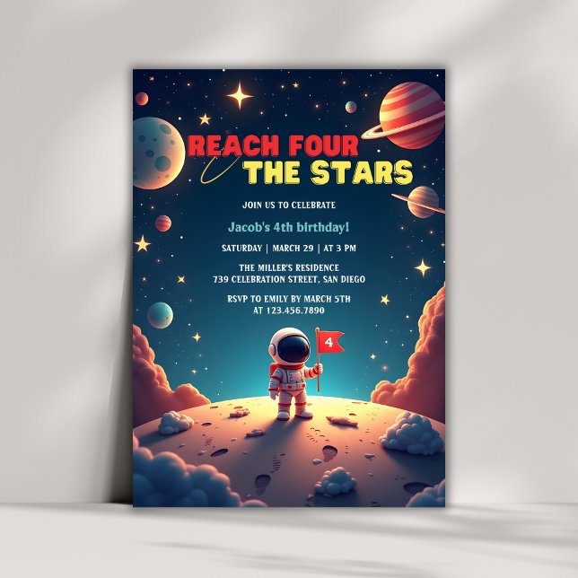 Convites Space Stars Astronauta Boy 4º aniversário (Reach Four The Stars Astronaut Boy 4th Birthday Invitation)