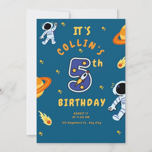 Convites Space Theme 5th Birthday Invitation for Boys (Frente)