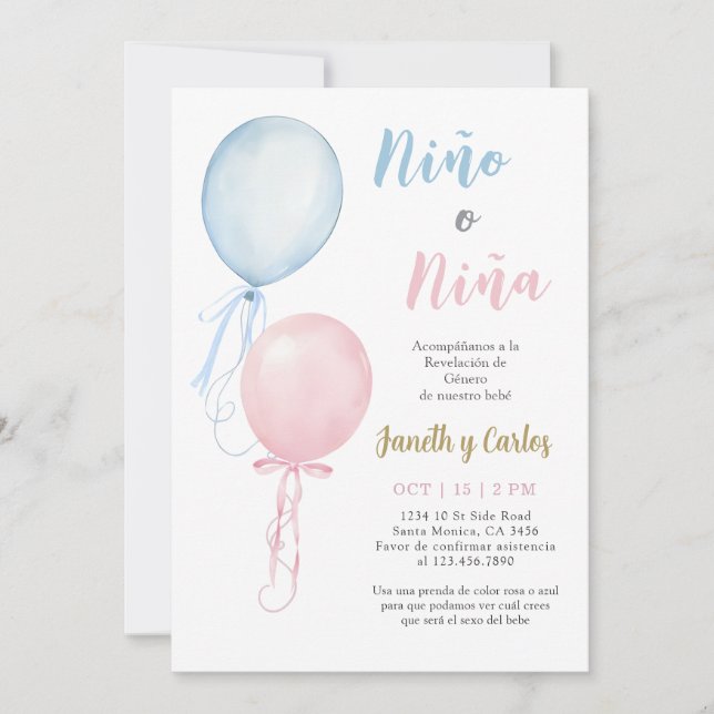 Convites Spanish Balloons Gender Reveal Invitation (Frente)