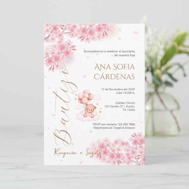 Convites Spanish Baptism Girl invitation pink (Em pé/Frente)