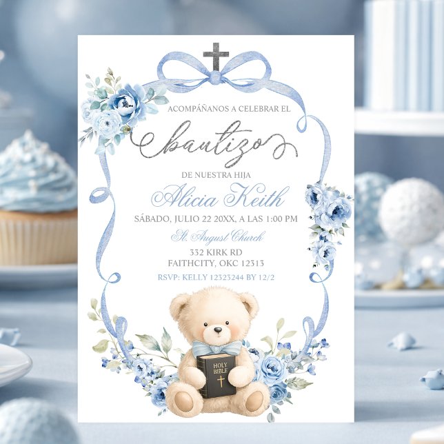 Convites Spanish Blue Bear Baptism Bow Coquette Invitation (Criador carregado)