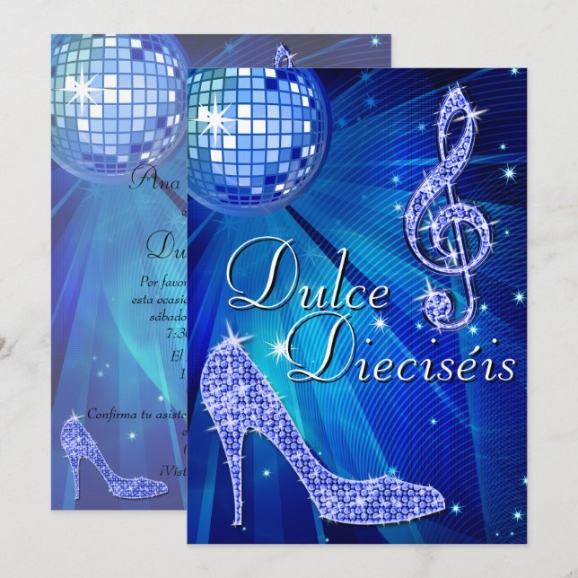 Convites Spanish Blue Disco Ball & Sparkle Heels Sweet 16 (Frente/Verso)