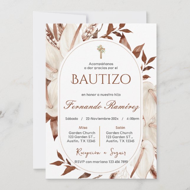 Convites Spanish Boho Baptism Floral invitation (Frente)