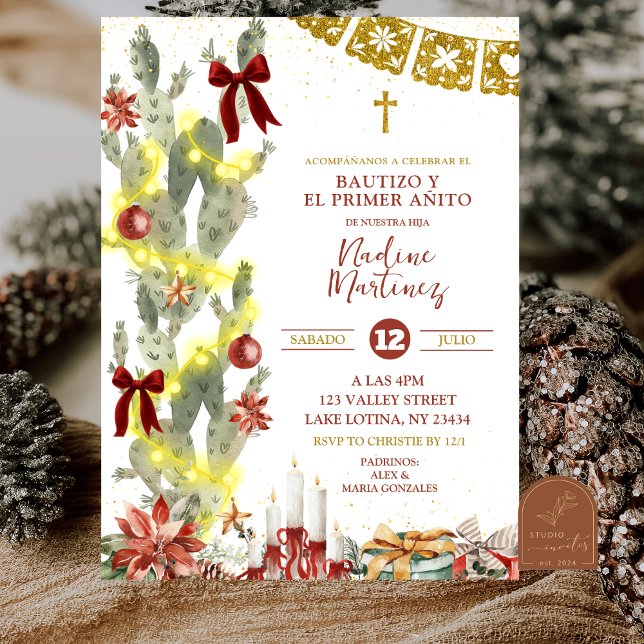Convites Spanish Cactus Christmas Baptism Invitation (Criador carregado)