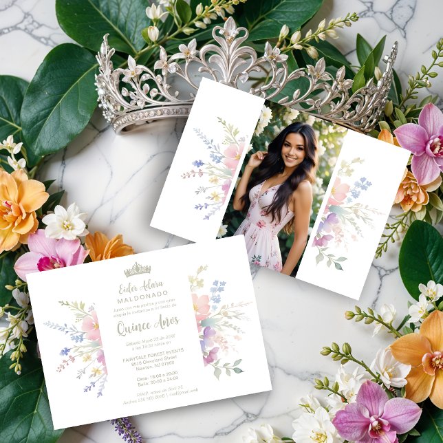 Convites Spanish Delicate Spring Quinceañera Soft Floral (Spanish Delicate Spring Quinceañera Soft Watercolors Effect & Floral Accents Invitations Cards.)
