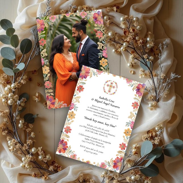Convites Spanish Elegant Floral Garland Traditional Mexican (Spanish Elegant Floral Garland Traditional Mexican Embroidery Inspired Wedding Invitation Cards.)