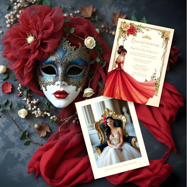 Convites Spanish Exquisite Chic Quinceañera Masquerade Ball (Spanish Exquisite Elegant Quinceañera Masquerade Ball Golden Effect Invitation Cards.)