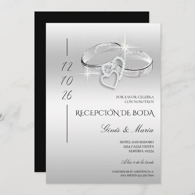 Convites Spanish Glitzy Silver Wedding Rings Reception (Frente/Verso)
