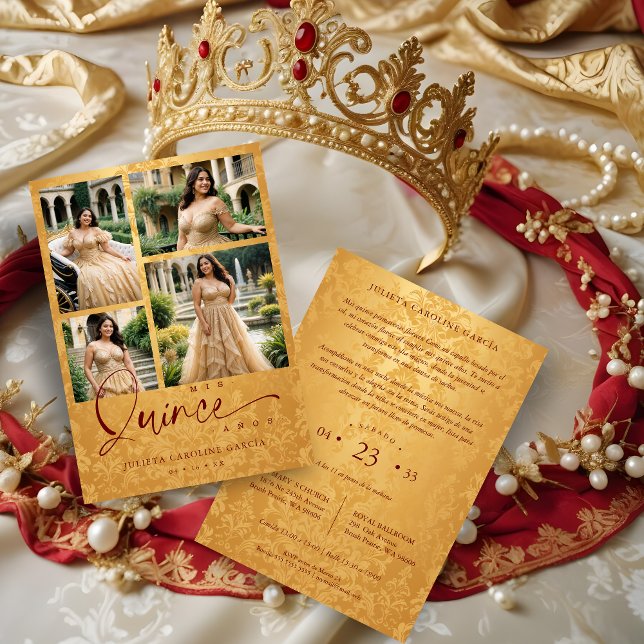 Convites Spanish Golden & Dark Red Trendy XVs Collage 4  (Spanish Golden & Dark Red Trendy Quinceañera Collage 4 Multi Photos Invitations Cards. )