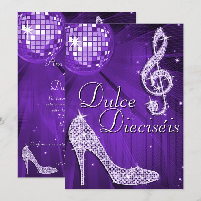 Convites Spanish Lilac Disco Ball & Sparkle Heels Sweet 16 (Frente/Verso)
