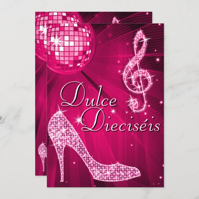 Convites Spanish Pink Disco Ball & Sparkle Heels Sweet 16 (Frente/Verso)