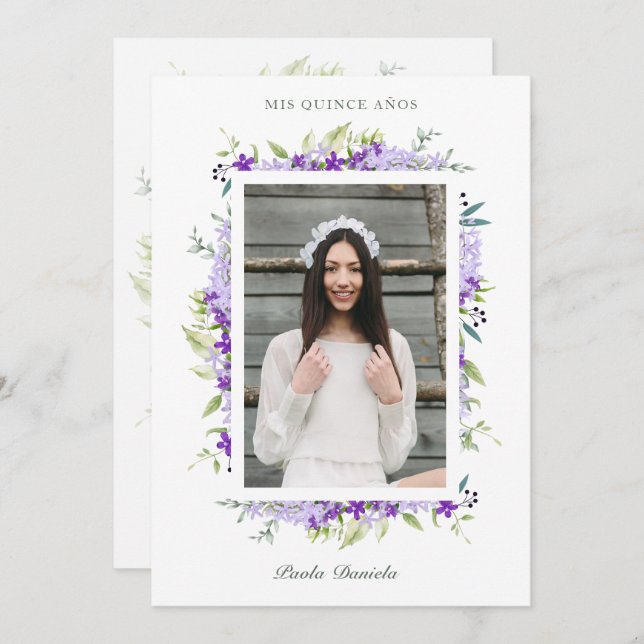 Convites Spanish Quinceañera Photo Flower Branches (Frente/Verso)