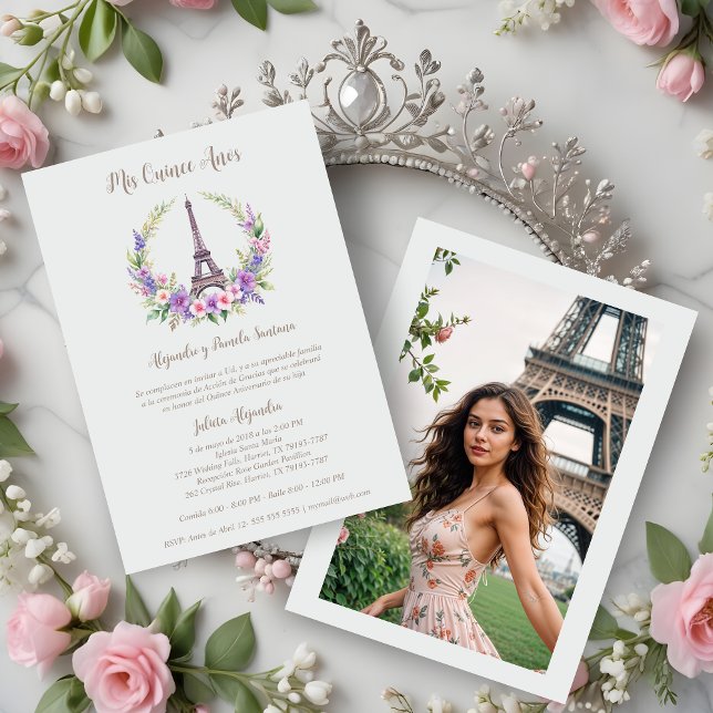 Convites Spanish Quinceañera Romantic Eiffel Tower Photo (Spanish Quinceañera Romantic Eiffel Tower Pastel Floral Garland Photo Invitations Cards.)