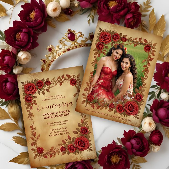Convites Spanish Quinceañeras Vintage Romantic Photo (Spanish Quinceañeras Vintage Romantic Photo Red Roses Frame and Gold Shades Invitations Cards.)