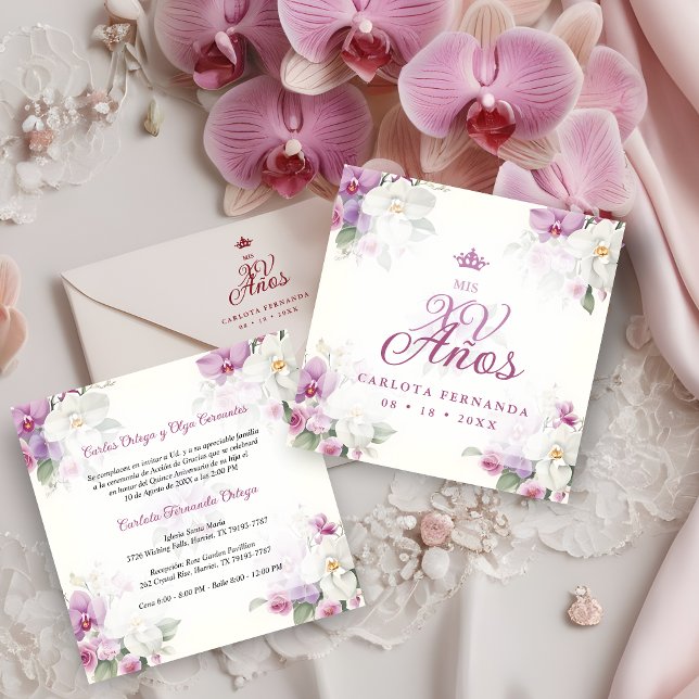 Convites Spanish Romantic Mis XV Floral Orchids Bouquets (Spanish Romantic Exquisite Floral Orchids Bouquets Mis XV Años Invitation Card. )