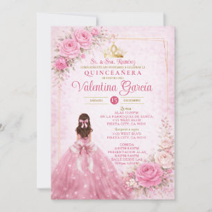 Convites Spanish Rosa Floral Quinceañera Bege Princesa