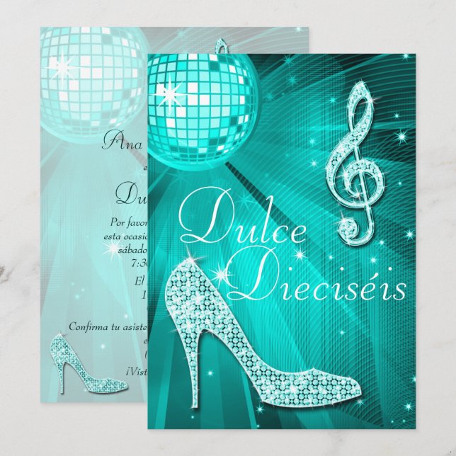 Convites Spanish Teal Disco Ball and Sparkle Heels Sweet 16 (Frente/Verso)
