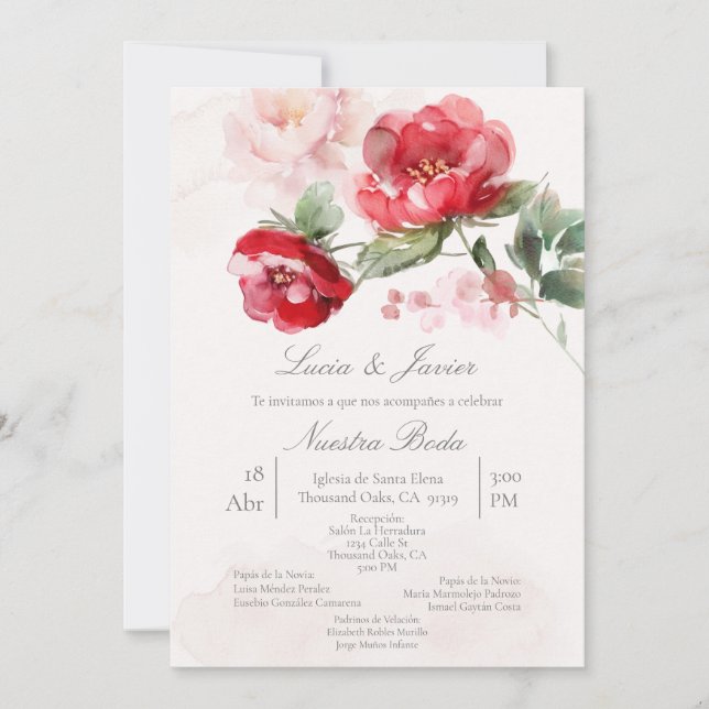 Convites Spanish water colored flower Wedding (Frente)