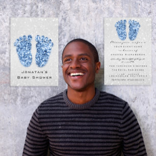 Convites Spark Glitter Chá de fraldas Feet Blue Silver Spar